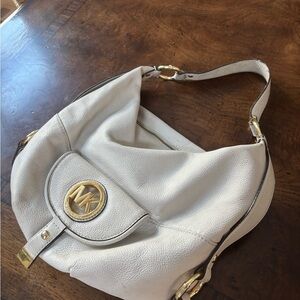 Michael Kors Ivory Leather Hobo with Gold MK Logo